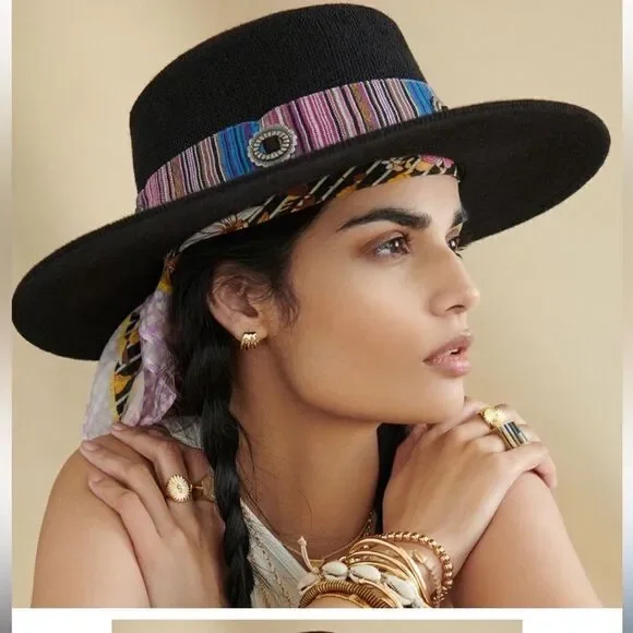 Anthropologie Wyeth Western Trimmed Boater Black Hat O/S - Picture 1 of 6